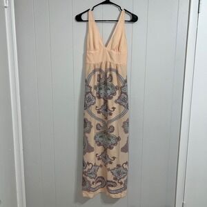 ANGIE Peach Paisley Maxi Dress Spaghetti Strap V Neck Smocked Waist